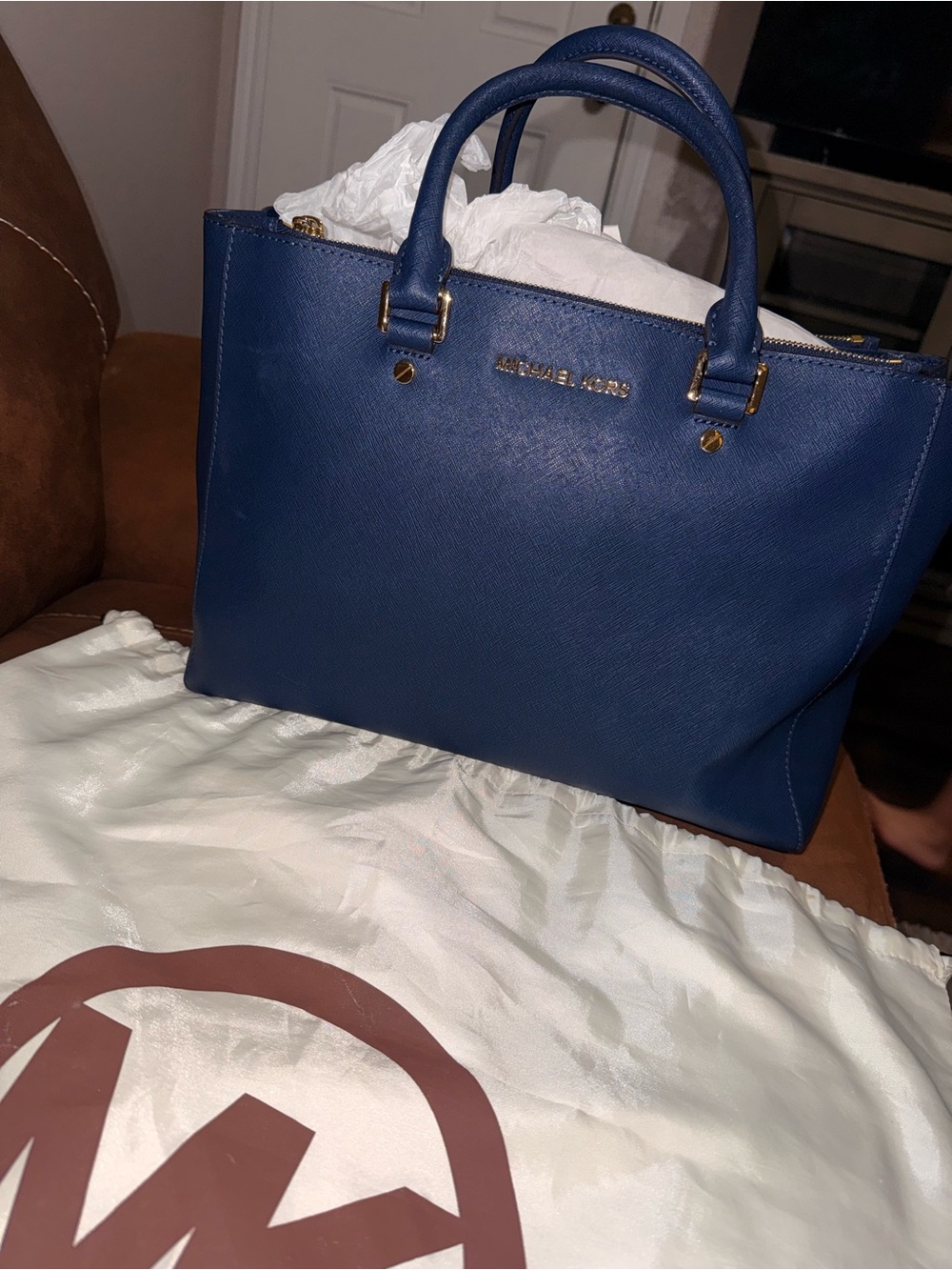 Michael Kors Blue Saffiano Leather Satchel with Gold Hardware
